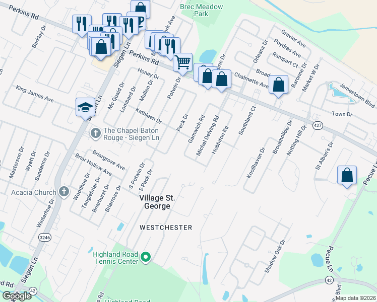 map of restaurants, bars, coffee shops, grocery stores, and more near 1622 Gamwich Road in Baton Rouge