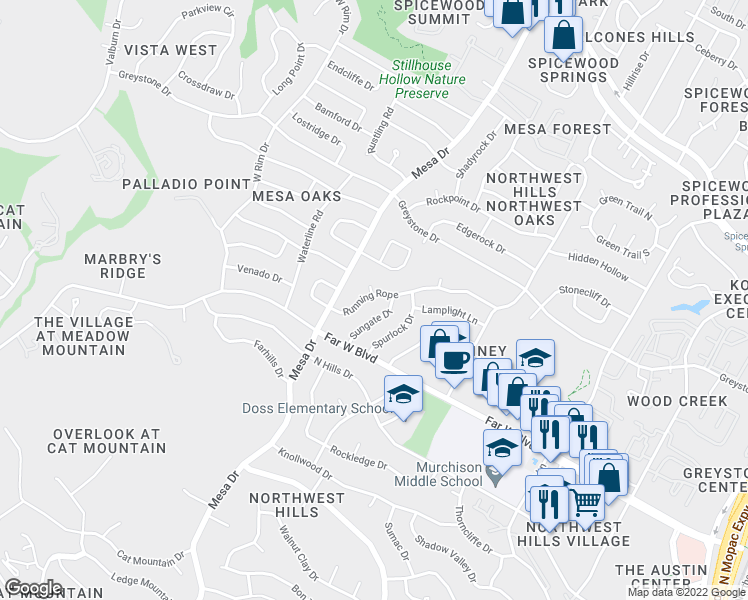 map of restaurants, bars, coffee shops, grocery stores, and more near 7203 Running Rope in Austin