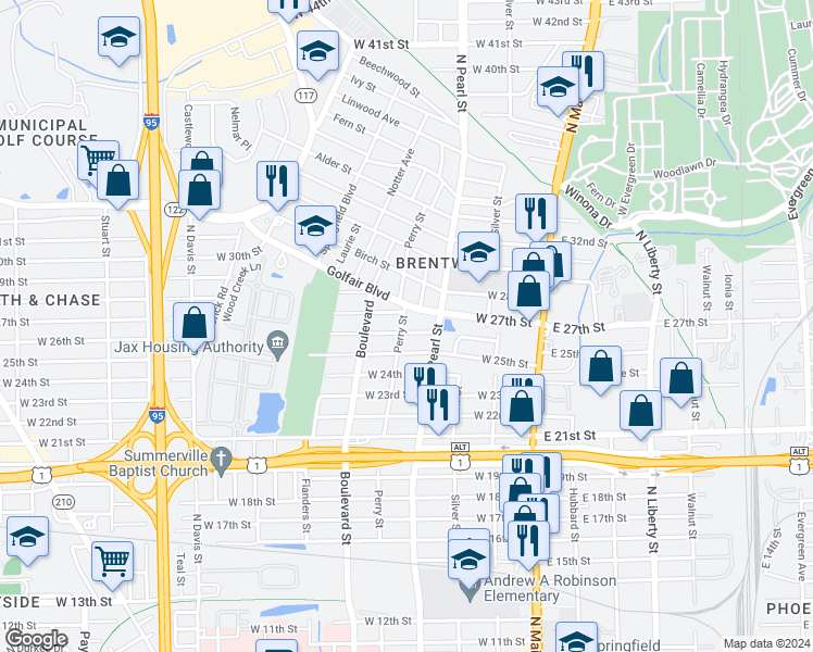 map of restaurants, bars, coffee shops, grocery stores, and more near 333 Golfair Boulevard in Jacksonville