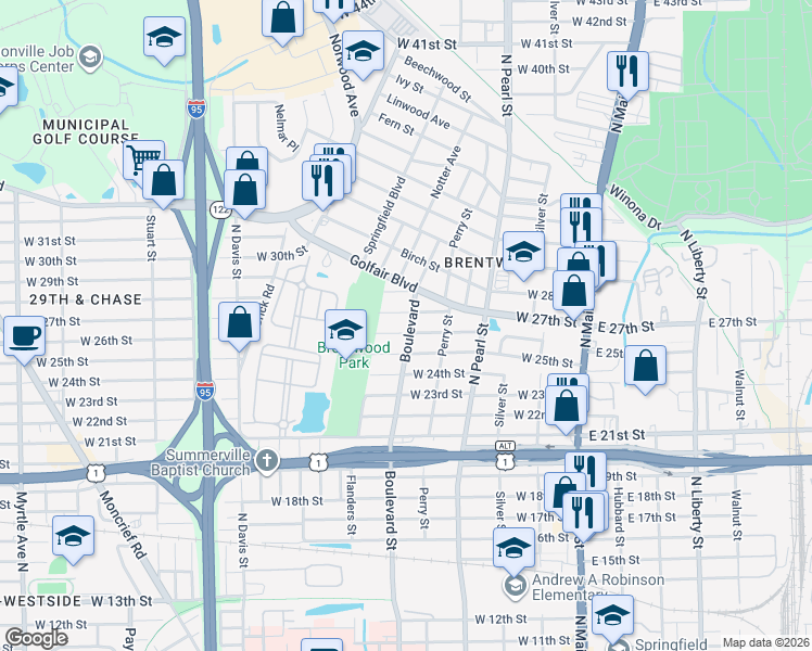 map of restaurants, bars, coffee shops, grocery stores, and more near 432 Golfair Boulevard in Jacksonville