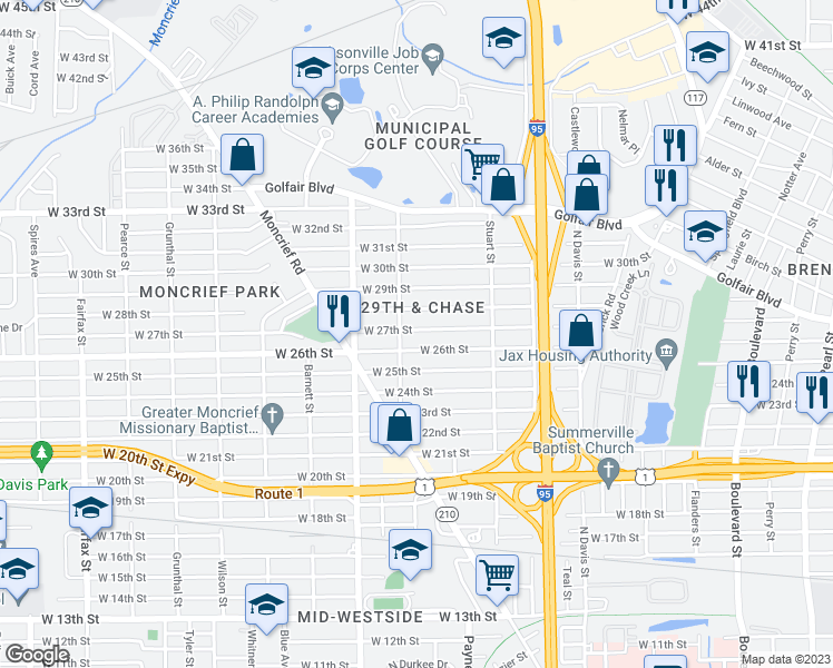 map of restaurants, bars, coffee shops, grocery stores, and more near 1194 West 28th Street in Jacksonville