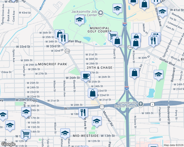 map of restaurants, bars, coffee shops, grocery stores, and more near 1262 West 28th Street in Jacksonville