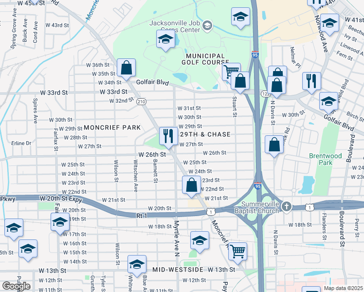 map of restaurants, bars, coffee shops, grocery stores, and more near 1262 West 28th Street in Jacksonville