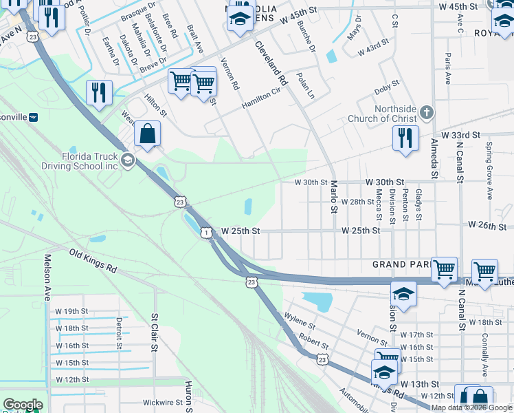 map of restaurants, bars, coffee shops, grocery stores, and more near 3818 Nancy Street in Jacksonville