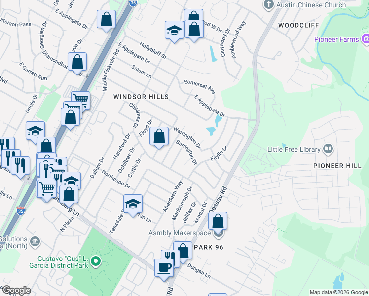 map of restaurants, bars, coffee shops, grocery stores, and more near 1200 Barrington Drive in Austin
