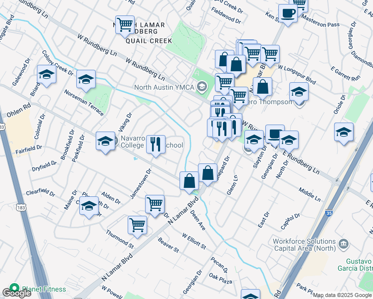 map of restaurants, bars, coffee shops, grocery stores, and more near 9101A Little Walnut Parkway in Austin