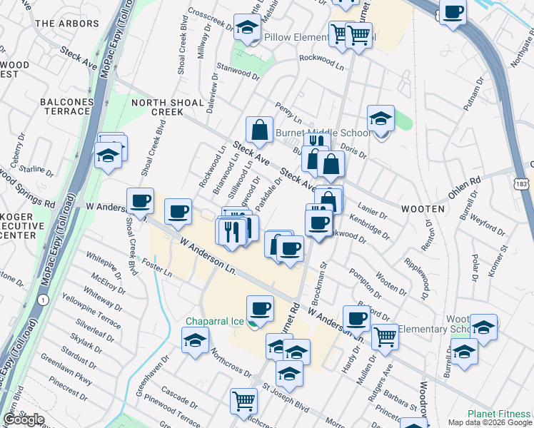 map of restaurants, bars, coffee shops, grocery stores, and more near 8012 Pinedale Cove in Austin
