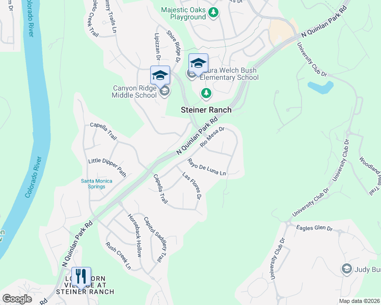 map of restaurants, bars, coffee shops, grocery stores, and more near 2301 North Quinlan Park Road in Austin