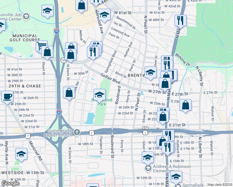map of restaurants, bars, coffee shops, grocery stores, and more near 432 Golfair Boulevard in Jacksonville