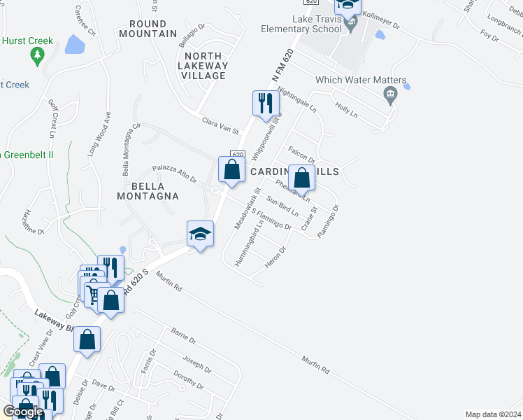 map of restaurants, bars, coffee shops, grocery stores, and more near 15208 South Flamingo Drive in Austin