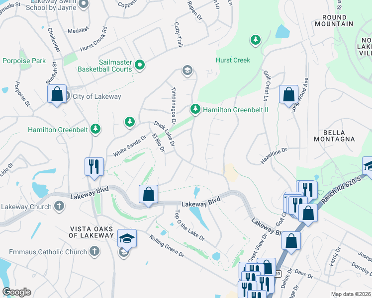 map of restaurants, bars, coffee shops, grocery stores, and more near 104 Fallbrook Court in Lakeway