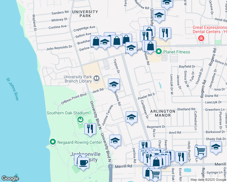 map of restaurants, bars, coffee shops, grocery stores, and more near 3406 Justina Rd in Jacksonville