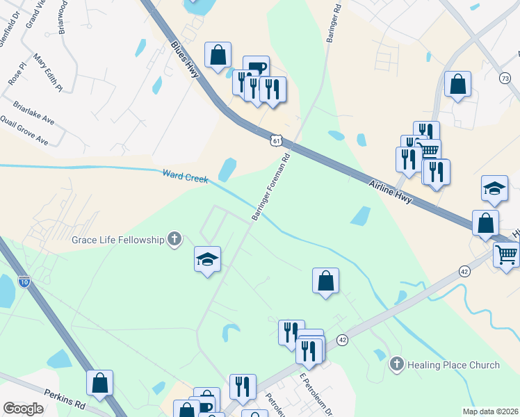 map of restaurants, bars, coffee shops, grocery stores, and more near 9999 Barringer Foreman Rd in Baton Rouge