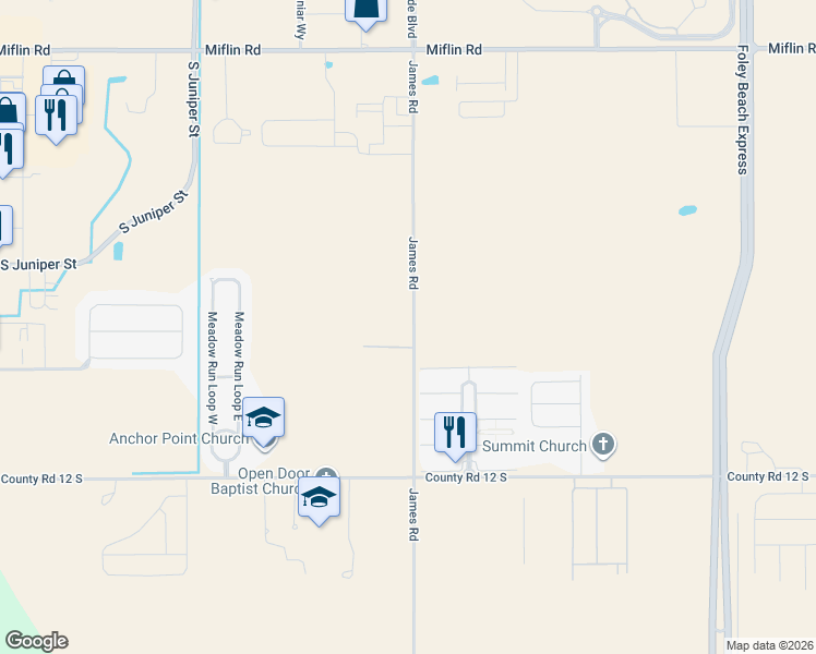 map of restaurants, bars, coffee shops, grocery stores, and more near 9299 James Road in Foley