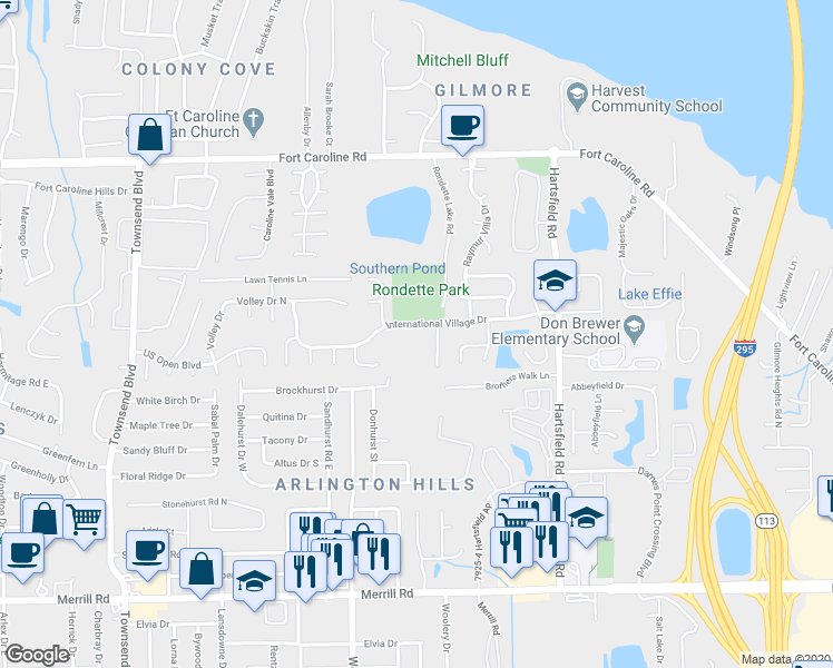 map of restaurants, bars, coffee shops, grocery stores, and more near 7576 International Village Drive in Jacksonville