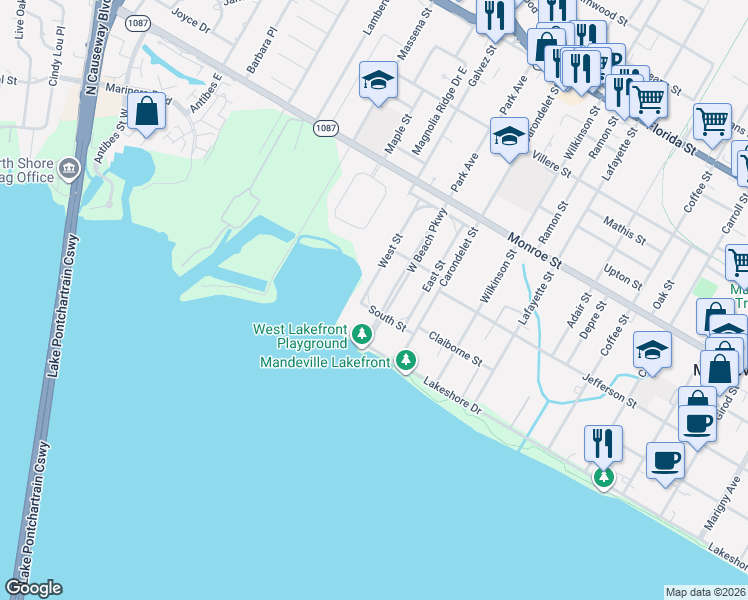 map of restaurants, bars, coffee shops, grocery stores, and more near 232 West Street in Mandeville