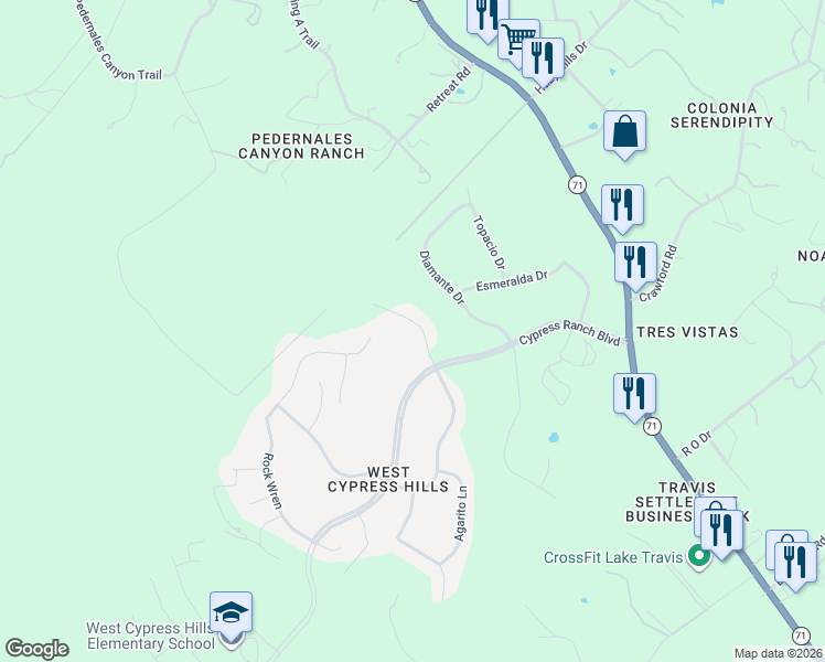 map of restaurants, bars, coffee shops, grocery stores, and more near 22125 Rose Grass Lane in Spicewood
