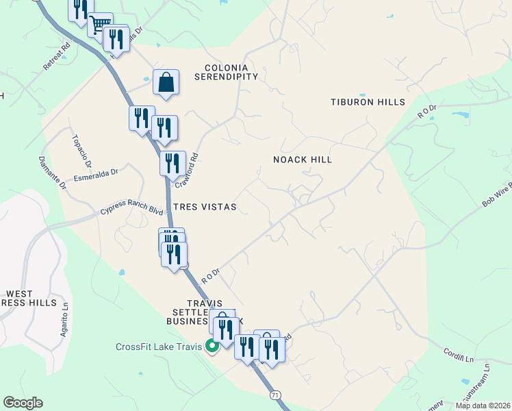 map of restaurants, bars, coffee shops, grocery stores, and more near 21400 Vista Estates Drive in Spicewood
