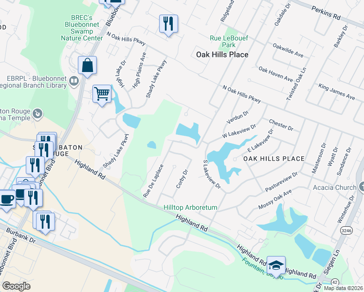 map of restaurants, bars, coffee shops, grocery stores, and more near 11554 Rue De Tonti in Baton Rouge
