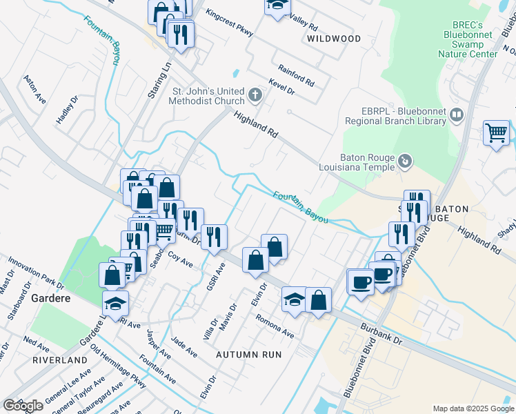 map of restaurants, bars, coffee shops, grocery stores, and more near 644 Summer Breeze Drive in Baton Rouge