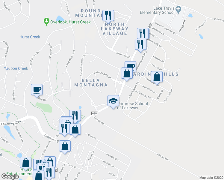 map of restaurants, bars, coffee shops, grocery stores, and more near 506 Bella Montagna Circle in Lakeway