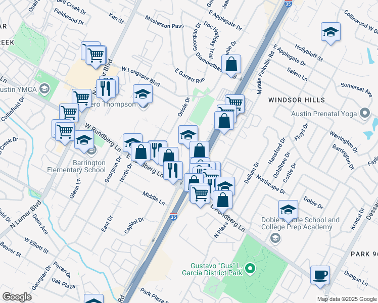 map of restaurants, bars, coffee shops, grocery stores, and more near 9504 North Interstate 35 Frontage Road in Austin
