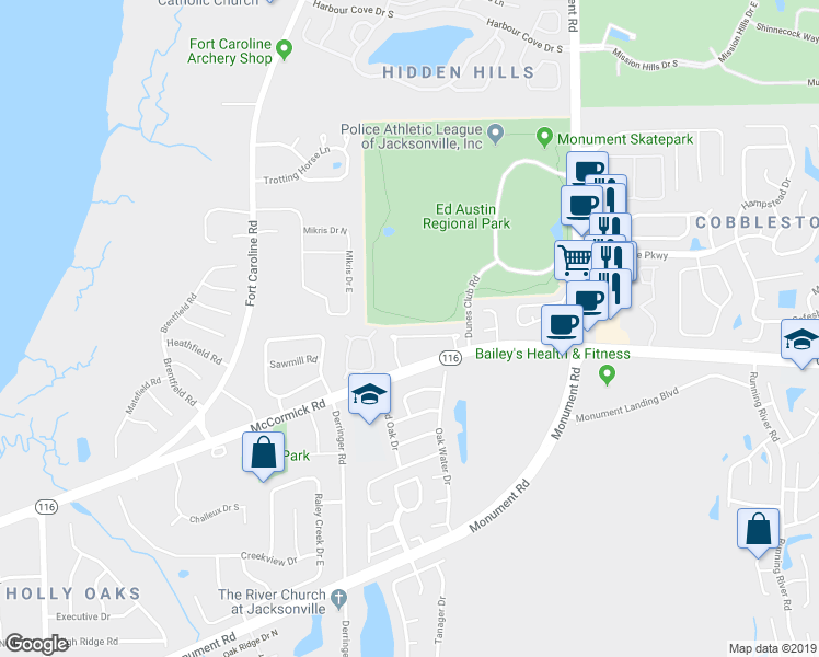 map of restaurants, bars, coffee shops, grocery stores, and more near 11527 Dunes Way Drive North in Jacksonville