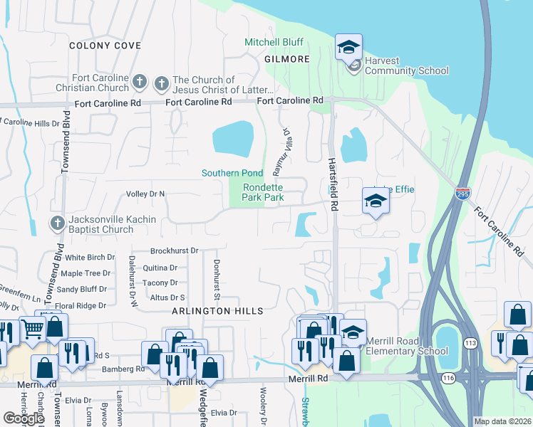 map of restaurants, bars, coffee shops, grocery stores, and more near 8011 International Village Drive in Jacksonville