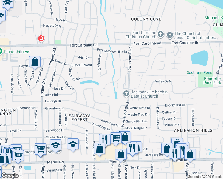 map of restaurants, bars, coffee shops, grocery stores, and more near 3390 Millcrest Place in Jacksonville