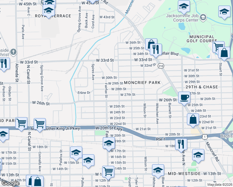 map of restaurants, bars, coffee shops, grocery stores, and more near 1731 West 28th Street in Jacksonville