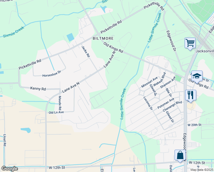 map of restaurants, bars, coffee shops, grocery stores, and more near 3036 Walter Road in Jacksonville