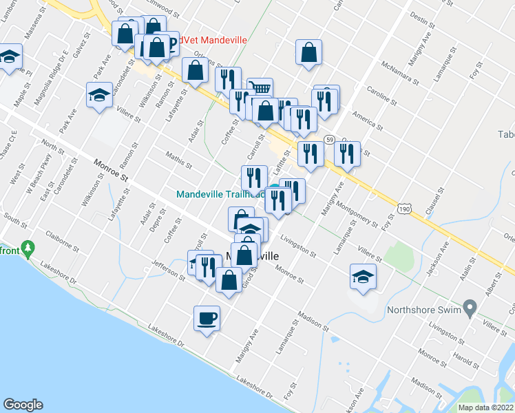 map of restaurants, bars, coffee shops, grocery stores, and more near 2112 Woodrow Street in Mandeville