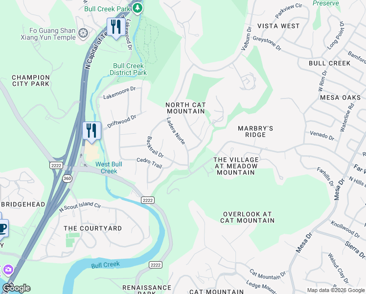 map of restaurants, bars, coffee shops, grocery stores, and more near 6516 Ladera Norte in Austin