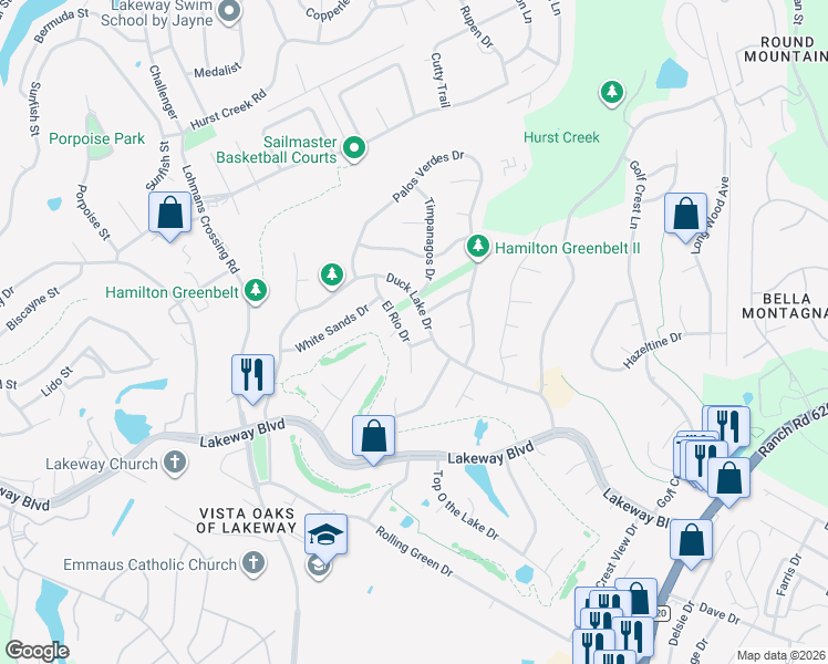 map of restaurants, bars, coffee shops, grocery stores, and more near 410 Duck Lake Drive in Lakeway