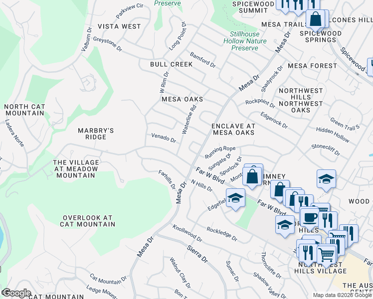 map of restaurants, bars, coffee shops, grocery stores, and more near 4111 Circletree Loop in Austin