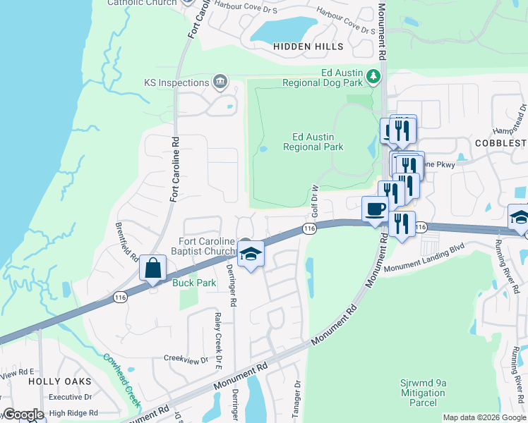 map of restaurants, bars, coffee shops, grocery stores, and more near 11511 Dunes Way Drive North in Jacksonville