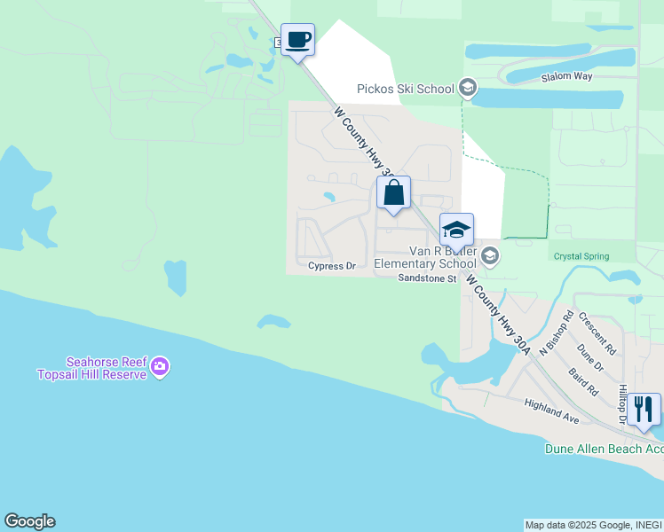 map of restaurants, bars, coffee shops, grocery stores, and more near Cypress Dr in Freeport