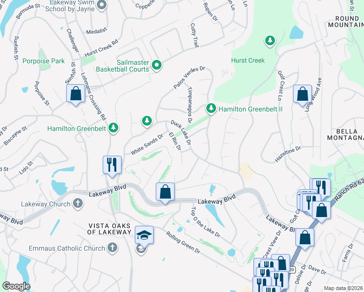 map of restaurants, bars, coffee shops, grocery stores, and more near 410 Duck Lake Drive in Lakeway