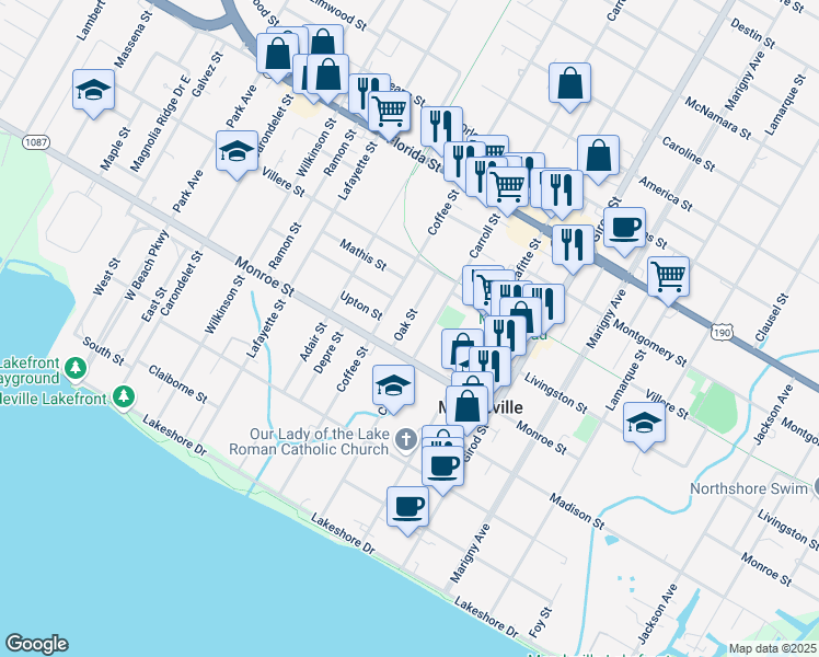 map of restaurants, bars, coffee shops, grocery stores, and more near 533 Oak Street in Mandeville