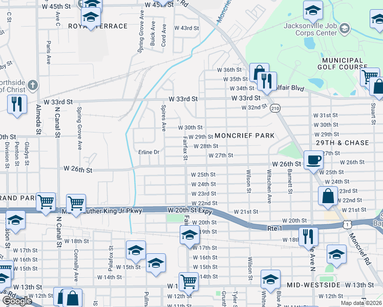 map of restaurants, bars, coffee shops, grocery stores, and more near 1731 West 28th Street in Jacksonville
