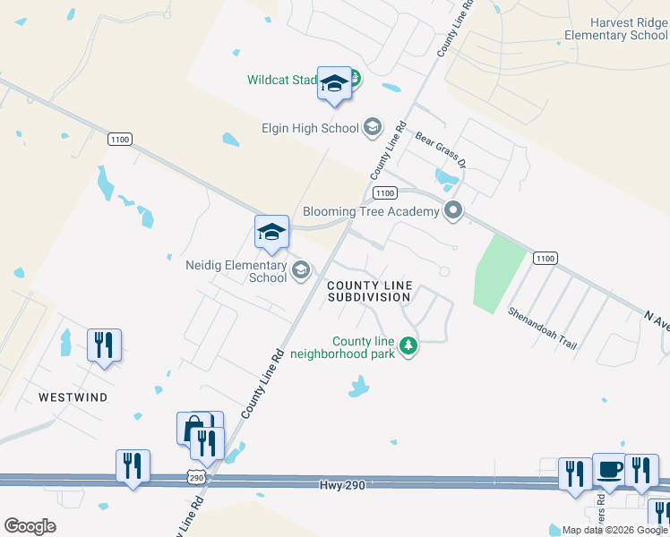 map of restaurants, bars, coffee shops, grocery stores, and more near 102 Blanco Woods Boulevard in Elgin