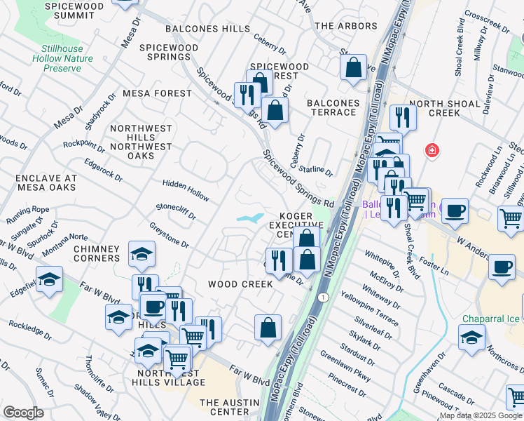 map of restaurants, bars, coffee shops, grocery stores, and more near 7630 Wood Hollow Drive in Austin