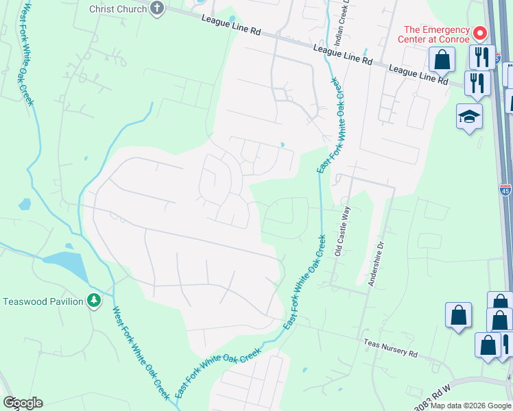 map of restaurants, bars, coffee shops, grocery stores, and more near 7010 Cross Creek Road in Conroe