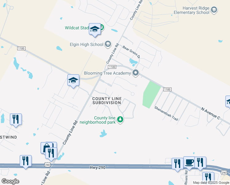 map of restaurants, bars, coffee shops, grocery stores, and more near 13817 County Line Road in Elgin