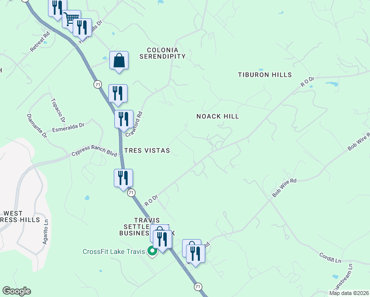 map of restaurants, bars, coffee shops, grocery stores, and more near 21413 Vista Estates Drive in Spicewood