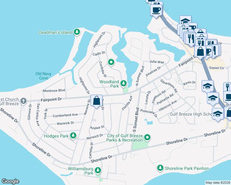 map of restaurants, bars, coffee shops, grocery stores, and more near 306 Fairpoint Drive in Gulf Breeze