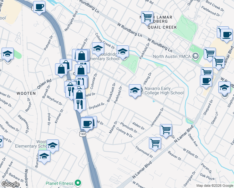 map of restaurants, bars, coffee shops, grocery stores, and more near 8706 Brookfield Drive in Austin