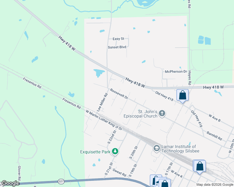 map of restaurants, bars, coffee shops, grocery stores, and more near 1650 Roosevelt Drive in Silsbee