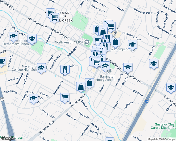 map of restaurants, bars, coffee shops, grocery stores, and more near 9036 North Lamar Boulevard in Austin