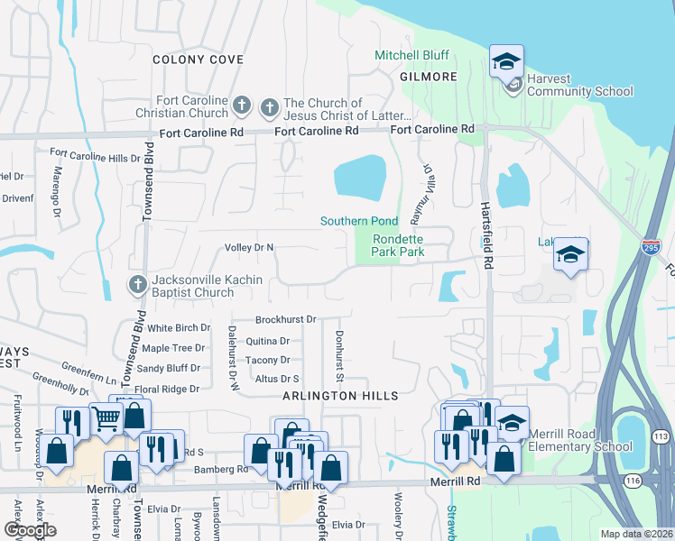 map of restaurants, bars, coffee shops, grocery stores, and more near 7518 Advantage Court in Jacksonville